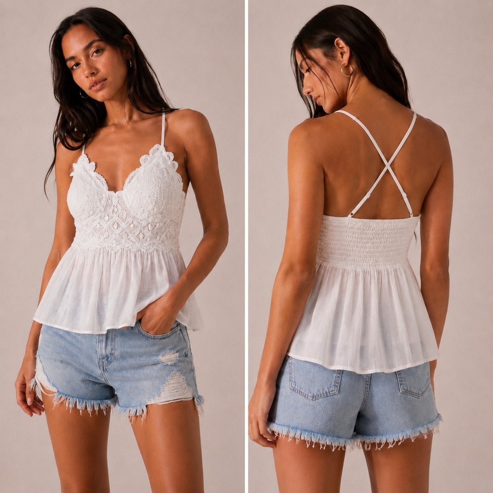 White Lace Babydoll Cami Top Womens S Boho Crochet Festival Coquette‎ Fairycore